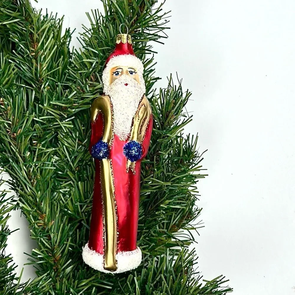 Vintage PIER 1 Blown Mercury Glass Santa Christmas Ornament Red White Gold